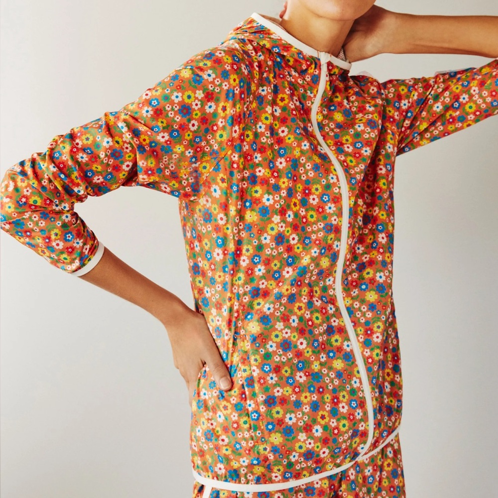 Tory Burch Sport Packable Zip Front Multicolor Floral Jacket Hood Women's XL